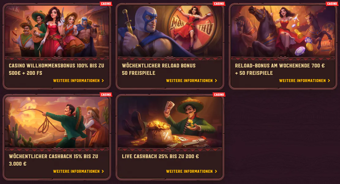 5 Gringos Casino bonussen met 100% tot €500 en 200 gratis spins, wekelijkse reloadbonussen, 15% cashback en 25% live cashback